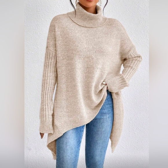NEW Oversized Ribbed Asymmetrical Hem Turtleneck Sweater Top Cream Tan Beige - Picture 7 of 10